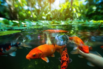 A beautiful view of colorful koi fish swimming in a pond, surrounded by greenery and sunlight.