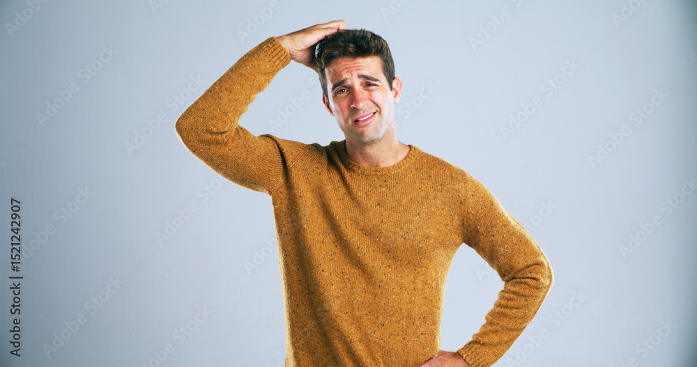 Poster Portrait, scratching head and solution with man in studio for doubt, problem solving or question. Confused. emoji and why with unsure person on white background for answer, decision or mistake
