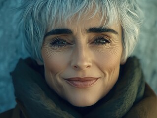 A middle-aged woman with short gray hair and a warm smile, wearing a scarf against a neutral background.