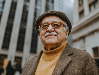 A cheerful elderly man wearing glasses and a hat, standing in an urban setting.
