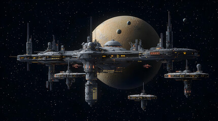 Naklejka premium Pixel Art Spaceships And Space Station In Dark Outer Space
