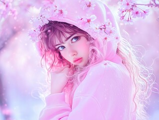 A young woman with pink hair and flowers in her hoodie, surrounded by cherry blossoms.