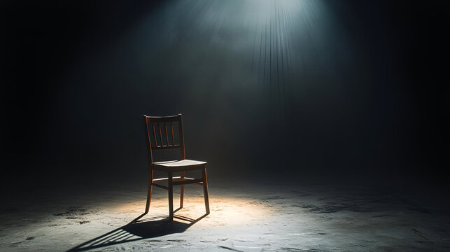 A single empty chair under a spotlight, symbolizing solitude and the absence of connection in a fragmented society