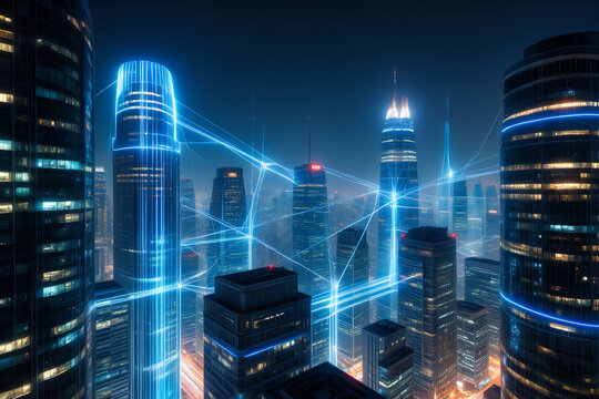 Futuristic city network technology cityscape skyline connected buildings