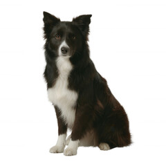 Fototapeta premium A well-groomed black and white Border Collie sitting gracefully on a white background. Its intelligent eyes and alert posture convey loyalty and energy.