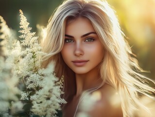 A stunning young woman with long blonde hair surrounded by white flowers in a sunlit outdoor setting.