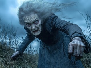 An eerie old woman with long gray hair reaching out in a dark, moody landscape.