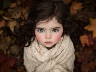 A young girl with curly hair wrapped in a cozy scarf, looking up amidst autumn leaves.