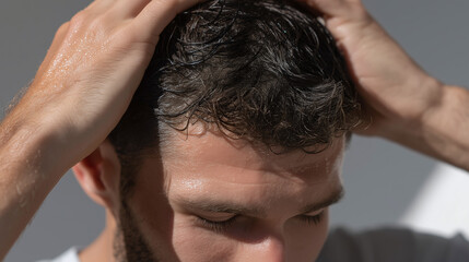 Closeup of man applying oil on his wet hair and scalp with hands showing hair care and grooming routine for healthy scalp and shiny hair