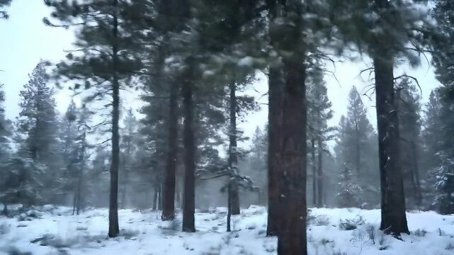 Winter Blizzard in Snowy Forest with Wind and Falling Snow Flakes