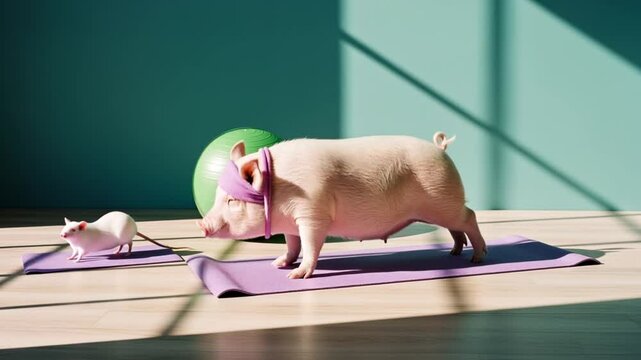 Pig and Rat Practicing Yoga on Mats with Exercise Ball