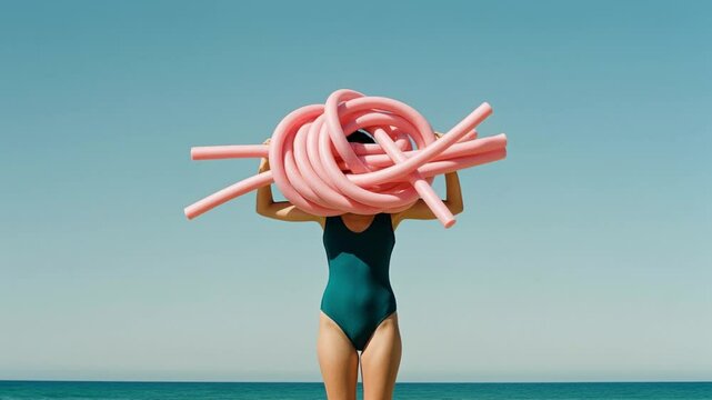 Woman in swimsuit concealing her face with pink pool noodles at the beach