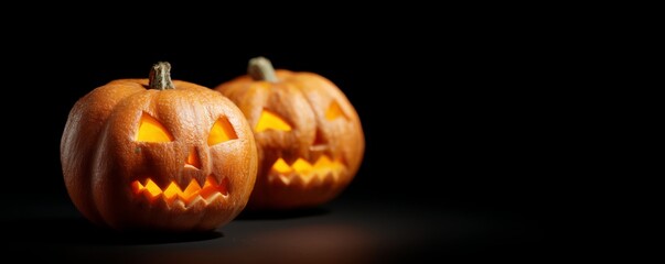 Glowing halloween jack-o'-lanterns on dark background