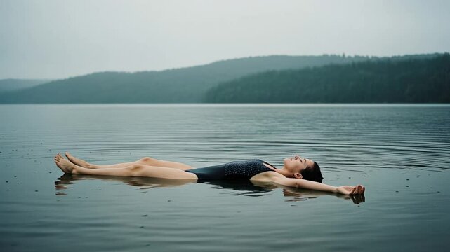 Woman Floating on a Calm Lake in a Swimsuit on a Cloudy Day