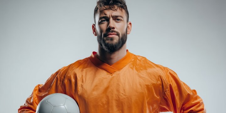 Confident young caucasian male soccer player in orange jersey holding soccer ball - Powered by Adobe