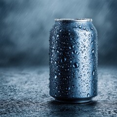 metallic drink can mockup with condensation droplets, standing on granite background, perfect lighting, realistic and cinematic style