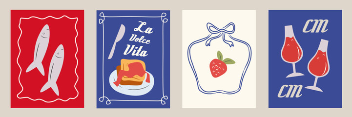 Summer Italy la dolce vita vintage poster set with Italian Mediterranean food, wine, strawberry, bread, fish for wall art decor. Flat vector illustration whimsical aesthetic style. Blue and red color.