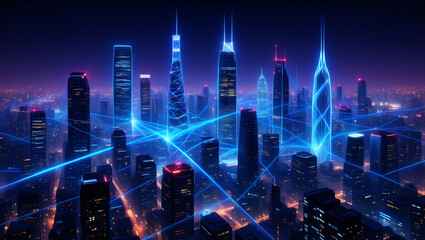 Futuristic city skyline neon lights cityscape technology network connection