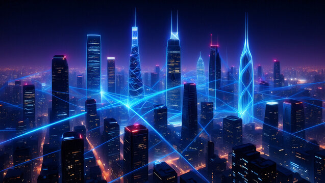 Futuristic city skyline neon lights cityscape technology network connection