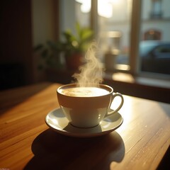 Steaming Cup of Coffee on Wooden Table in Sunlight