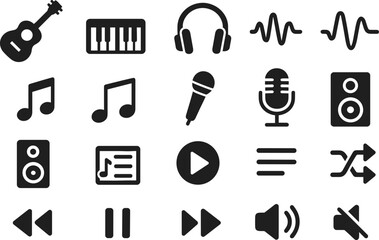 Fototapeta premium Music icons representing instruments, sound, and playback controls