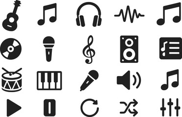 Music icons representing instruments, sound, and playback controls