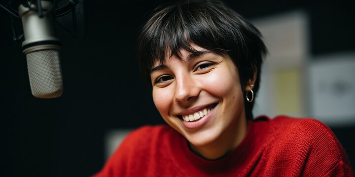 Smiling young caucasian female podcaster in red sweater with short dark hair