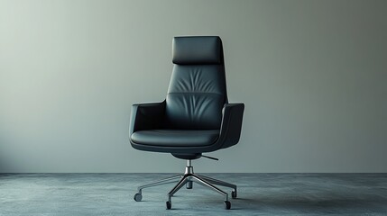 A high-backed, black leather executive office chair with a polished chrome base sits on a concrete floor against a muted grey wall, illuminated by soft, diffused light