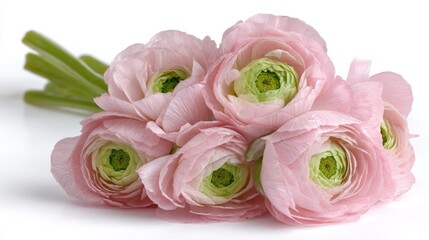 Delicate Pink Ranunculus Bouquet with Soft Petals and Vibrant Green Centers on a Clean White Background