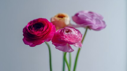 Colorful ranunculus flowers in soft light showcasing delicate petals and vibrant hues, ideal for floral themes and nature concepts