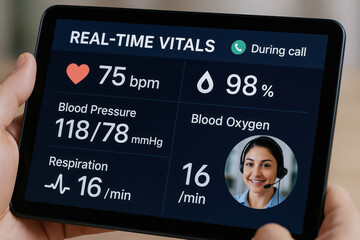 Real time vitals displayed on tech device during healthcare call with patient consultation at medical center