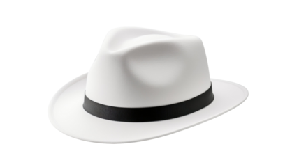 Classic white fedora hat with wide brim and ribbon band isolated on white background
