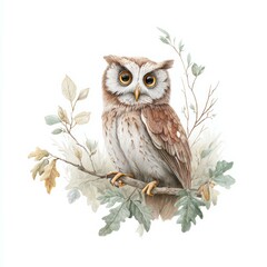 Cute owl perched on a branch surrounded by leaves in a peaceful forest setting during daylight