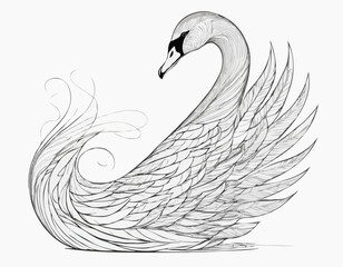 Graceful Swan Line Art Illustration with Intricate Feathers and Elegance