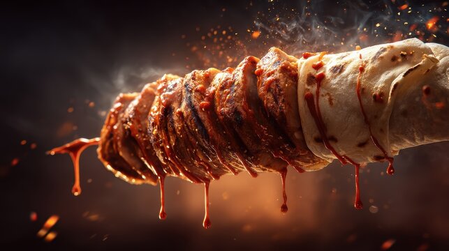 shawarma roll spinning in the air with spicy red sauce splash,