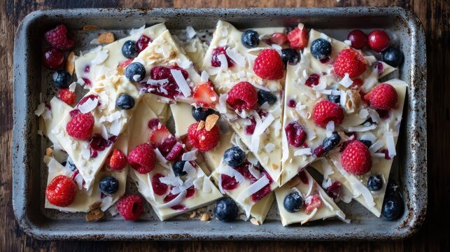 Vegan frozen yogurt bark with berries and coconut flakes
