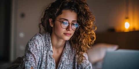 Obraz premium Young caucasian female studying on laptop in cozy home setting