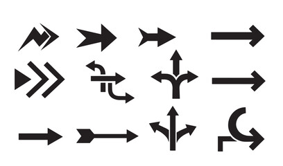 Collection of black arrow silhouettes indicating various directions and paths on a white background for design