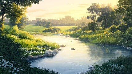 Obraz premium Serene Sunset Over a Winding River