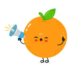 Cheerful cartoon orange character announcing something through a megaphone.