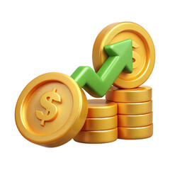 Gold coins with green arrow 3d colorful isolated on transparent background. use for finance and investment.