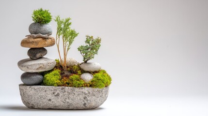 Tranquil arrangement of smooth stones, moss, and miniature plants in minimalistic stone container creating a serene atmosphere