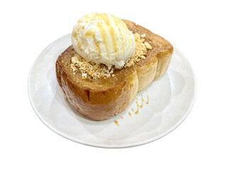 This delightful dessert features a thick, fluffy slice of toasted bread topped with a generous scoop of creamy vanilla ice cream. 