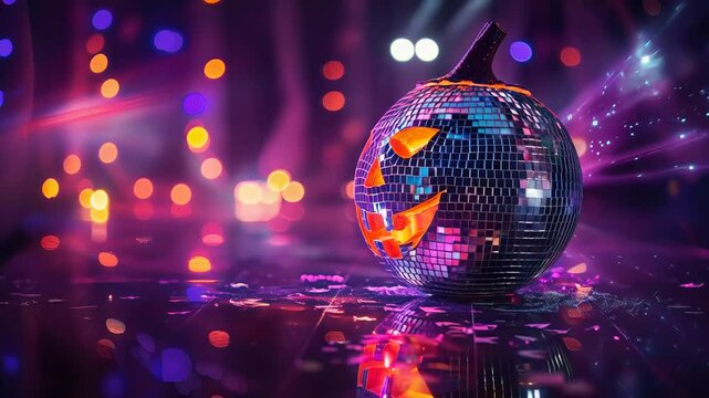halloween disco ball with pumpkin face in dark blue background with colorful lights, pumpkin disco ball at Halloween party, jack o lantern with shiny blue rays in smoke And Defocused Abstract Lights