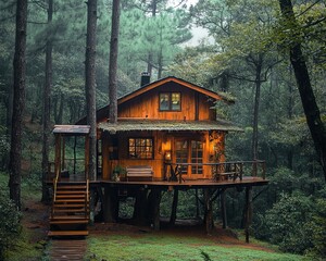 Naklejka premium Offgrid Travel Havens, Eco Island Hideouts, remote-ecotourism-getaways Cozy Wooden Cabin Surrounded by Lush Green Forest in Tranquil Setting