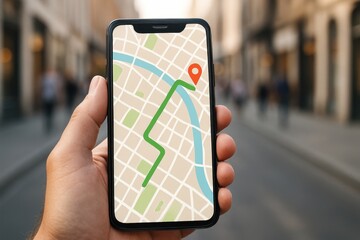 Individual shows a smartphone featuring a detailed map with a highlighted route in an urban area. People walk in the background on a bright day