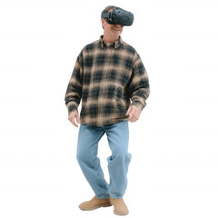 Man enjoying virtual reality experience, wearing VR headset with casual attire, standing on isolated white background.