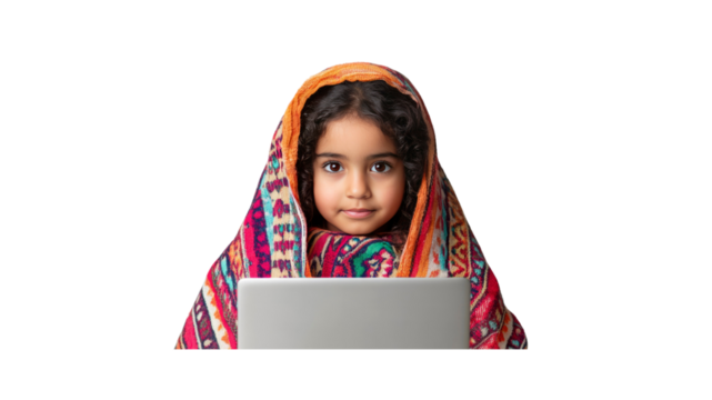 Young Girl Wrapped in Blanket Using Laptop Computer