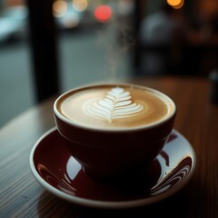 Coffee Cup with Latte Art on Wooden Table
