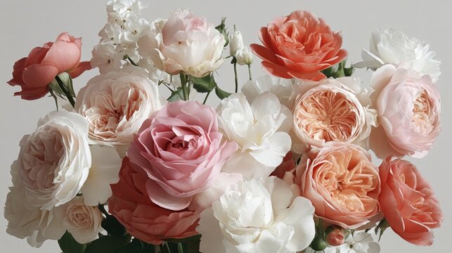 Beautiful bouquet of assorted roses in soft pastel colors showcasing delicate petals and lush textures against a neutral background